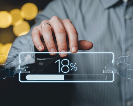 A person's hand touches a futuristic holographic screen displaying a digital battery icon with a low charge of eighteen percent. A concept of progress, energy, and technology