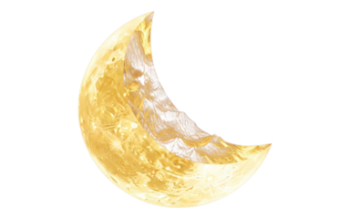A crescent moon with a textured surface and golden color against a black background in a digital art piece