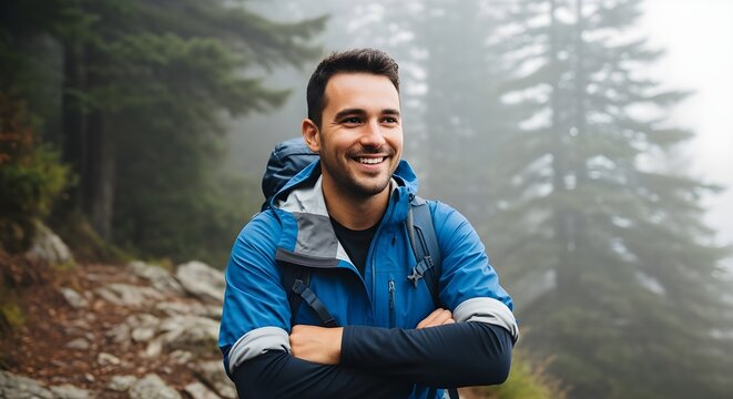 Smiling hiker enjoying a scenic mountain view, fresh air, and outdoor adventure on a cloudy day