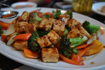 Fototapeta premium Fried tofu with broccoli, carrots, and bell peppers, vegetarian dishes 