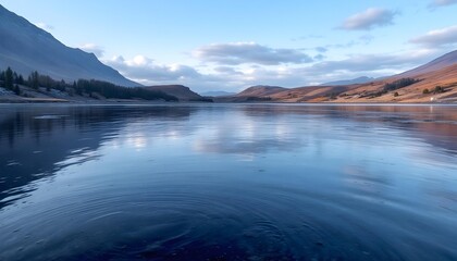 Fototapeta premium Serene mountain lake reflecting the vast sky and surrounding rugged peaks at dawn with calm water