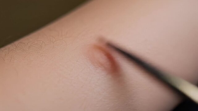 Needle pierces skin on human arm, next to reddish bump, close-up, fair skin tone