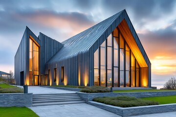 Modern conference center building with dramatic sunset reflecting in windows