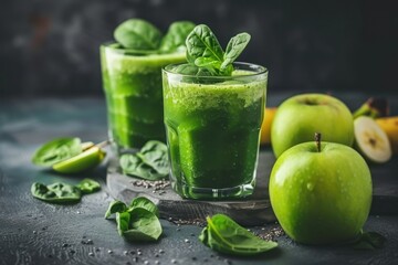 Green smoothie with spinach, smoothie ingredients, banana, apple, healthy lifestyle  