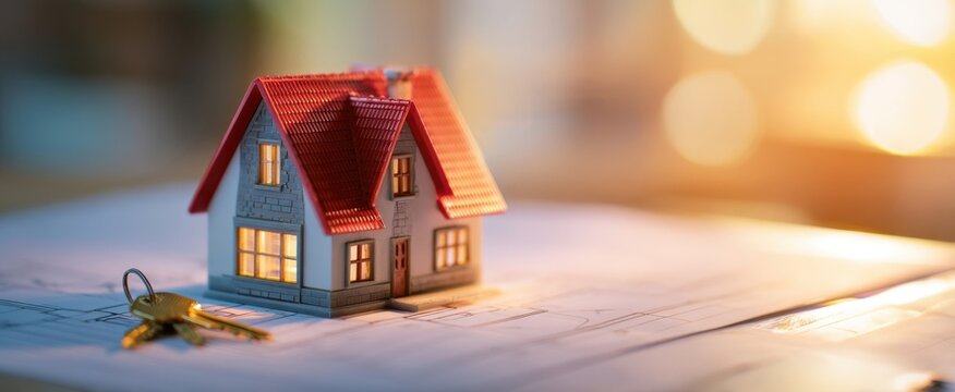 The House Model on Architectural Plans with Keys and Warm Sunset Lighting