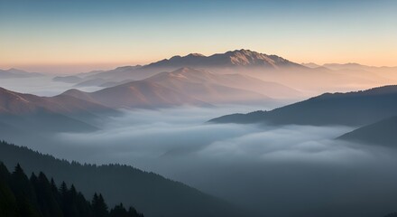 Fototapeta premium Serene mountain peaks emerge from misty clouds at dawn, inspiring awe and tranquility
