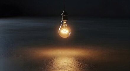Illuminated vintage light bulb glows brightly over dark, reflective surface symbolizing inspiration