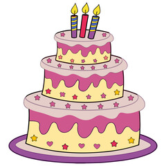 Three Tier Pink and Yellow Birthday Cake with Star Decorations