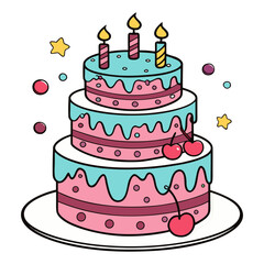 Three Tier Birthday Cake with Blue Icing and Cherries Illustration