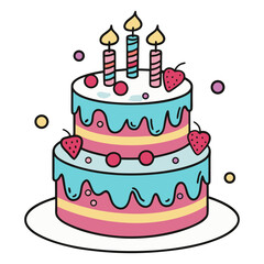 Two Tier Birthday Cake with Blue Icing, Strawberries and Candles