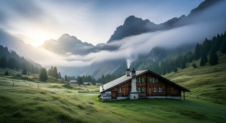 Obraz premium Cozy cabin nestled in misty alpine valley at sunrise, smoke rising from chimney