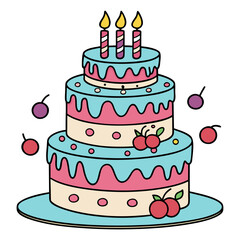Three Tier Birthday Cake with Blue Icing and Cherries Illustration