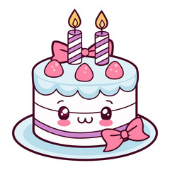 Kawaii Birthday Cake with Bow Tie, Candle and Strawberry Decoration