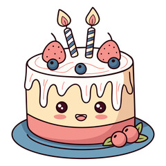 Cute Kawaii Birthday Cake with Candles and Fruit Decoration