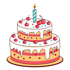 Two Tier Birthday Cake with Candle and Cherries Illustration