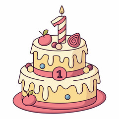 First Birthday Cake Illustration with Candle, Fruits, and Decorations