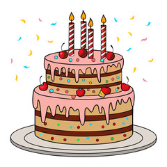 Two-Tier Birthday Cake Illustration with Candles, Cherries, and Confetti