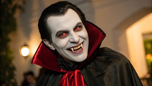 Close Up of Vampire Halloween Mascot with Fangs and Dark Cloak for Holiday Concept