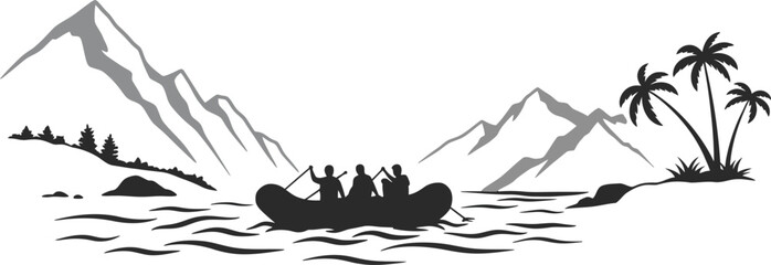 adventure scene with boat mountains palm trees on transparent background silhouette