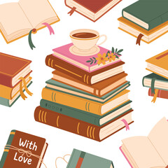 Naklejka premium Stack of books with a cup of coffee and scattered open books reading