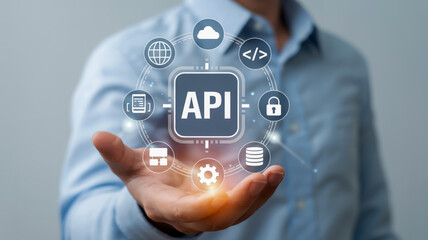 Man holding api interface with digital icons representing technology and data