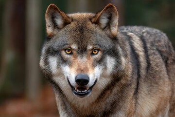 Fototapeta premium Eurasian wolf showing teeth in the forest