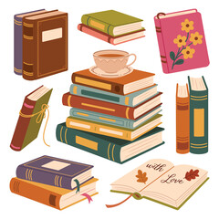 Stacked books and open book with autumn leaves and teacup Keywords: books, stack of books