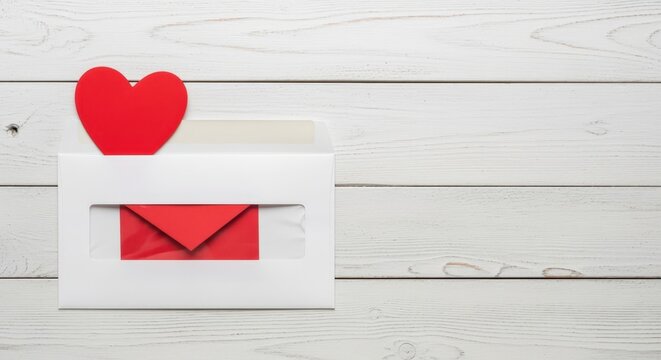 Red heart and envelopes on white wooden planks