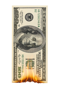 Burning dollar bill on a transparent background. Money. Inflation. Financial risks.