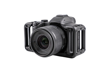 Fototapeta premium Gray camera with protective rig. Dark gray DSLR camera body with a large lens, secured by a dark gray protective frame or cage with mounting points