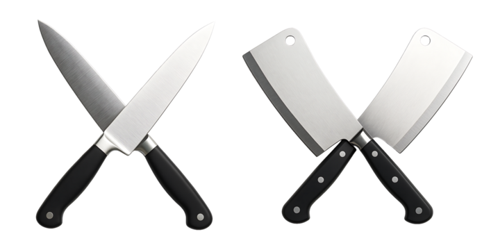 set of knives on a transparent background. Kitchen knife and cleaver. Cooking. Culinary. Food preparation.