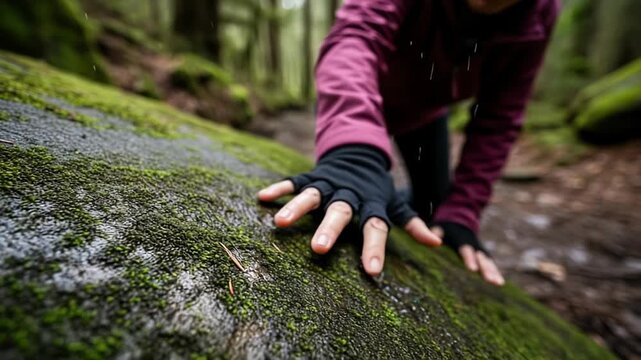 Biologist explores lichens on a wet rock in the forest during a damp nature expedition