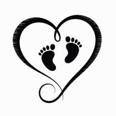 Baby footprints inside heart shape, black silhouette symbol of love, motherhood, infant care, newborn keepsake, family bond, parent-child vector illustration