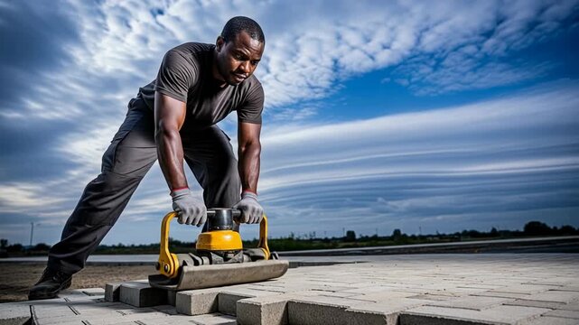Experienced male paver expertly tamping interlocking pavers on a pedestrian walkway under a cloudy sky
