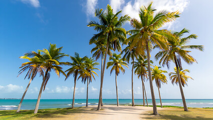 Obraz premium Coconut Palms Along the Shoreline with Ocean in the Background