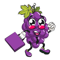 cute grape fruit mascot character vector illustration wearing a tie and carrying a suitcase rushing to the office, work of hand drawn