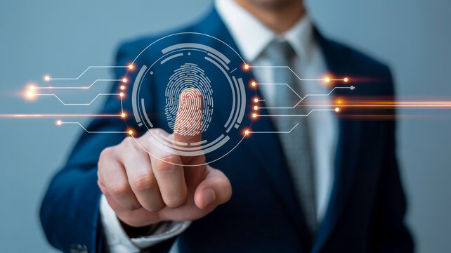 Businessman touching futuristic fingerprint scanner for digital security and authentication