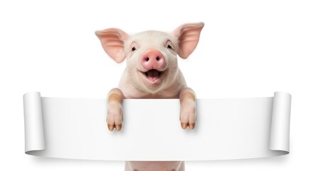 Adorable, smiling piglet peeking over a blank white scroll banner, offering ample copy space. Isolated on a clean white background, perfect for your message or advertisement.