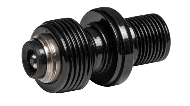 Black threaded connector closeup, industrial background