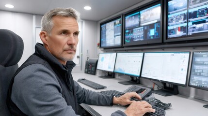 Engineer monitoring operations in control room with multiple screens