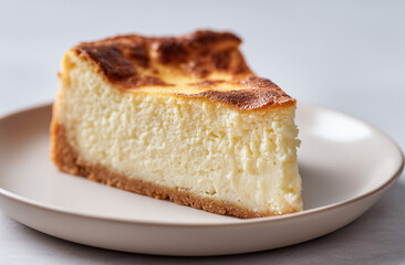Slice of baked cheesecake on white ceramic plate