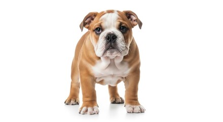 Adorable English bulldog puppy with brown and white fur, standing and looking directly at the camera on a clean white studio background.