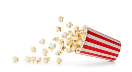 Freshly popped popcorn spills dynamically from a classic red and white striped paper cup, isolated on a clean white background, perfect for cinema and snack themes.