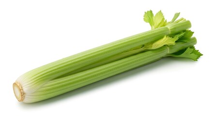 Fresh, vibrant green celery stalks with leaves, isolated on a clean white background. Perfect for healthy eating, cooking, and diet concepts.