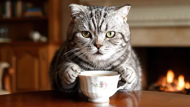 A fluffy gray cat, daintily sipping tea at the table, as if it&rsquo;s the most sophisticated guest in the living room  