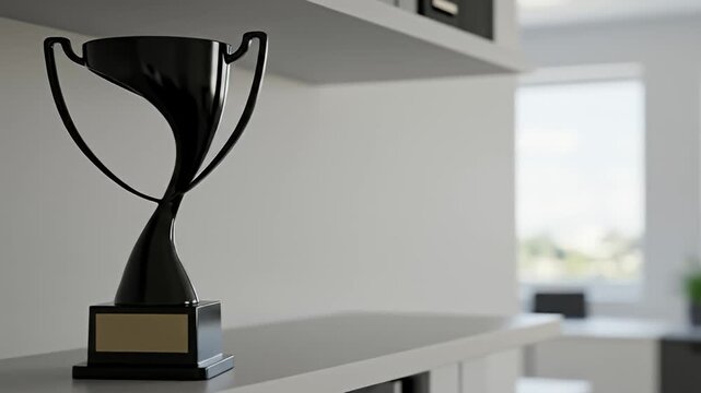 Sleek black trophy on shelf in an airy, minimalist office setting