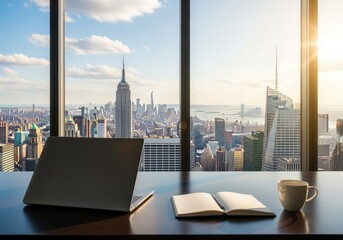 Fototapeta na wymiar Modern office desk workspace overlooking sunny urban skyline