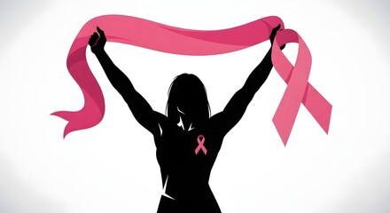 Silhouette of a powerful woman victoriously raising a long pink ribbon, symbolizing breast cancer awareness and hope.