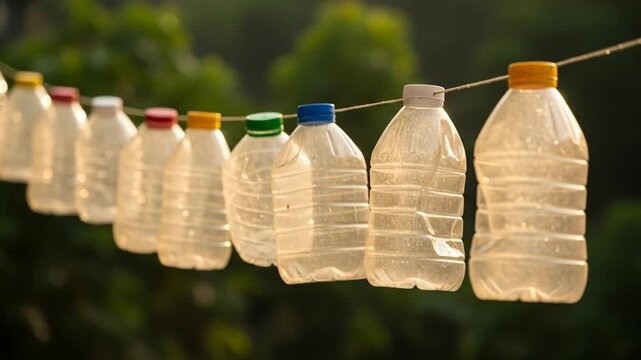 Plastic Bottles Hanging on a Clothesline - Environmental Awareness and Recycling.