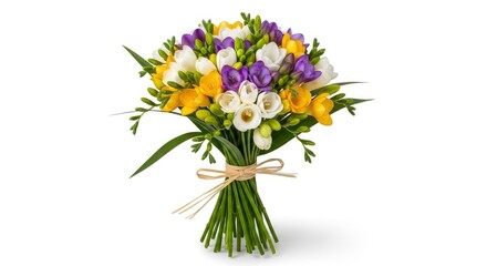 Fototapeta premium Vibrant bouquet of yellow, white, and purple Freesia flowers tied with a natural bow, isolated on a clean white background. Perfect for celebrations, gifts, or floral designs.